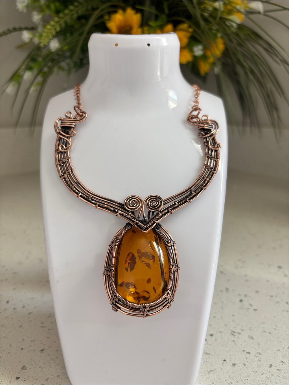 Handcrafted Copper Wire Amber Gemstone Statement Pendant Necklace